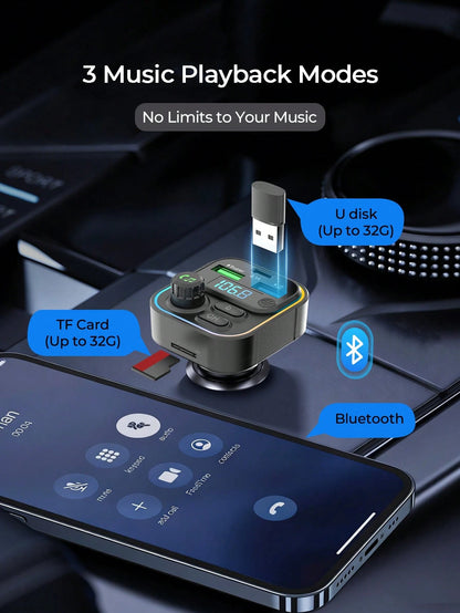 REMAX Bluetooth 5.3 FM Transmitter Car Charger With RGB Lights, 3-Port 22.5W Fast Charging, USB-C & Dual USB-A Ports, Hands-Free Calls, Music Playback & Auto Reconnect, Type-C Charger, IPhone Charger