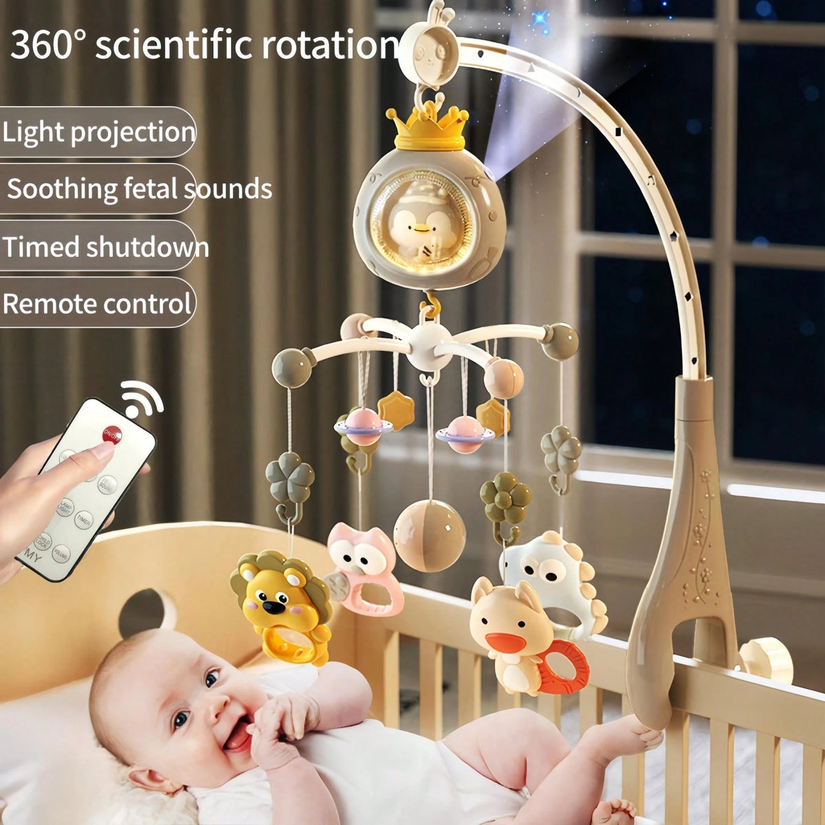 Remote Control Baby Crib Mobile With Projection, Music And Night Light| ABS Animal Design Rotating Toy| Lullaby For Soothing And Relaxation| Ideal Newborn Shower Gift