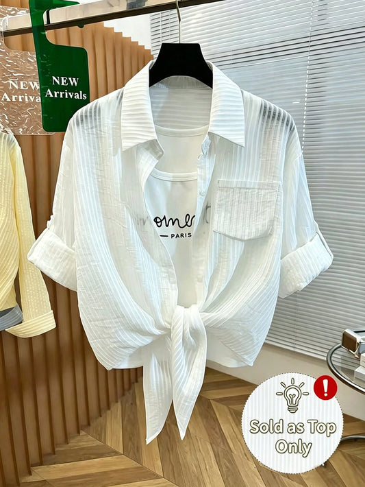 Resyla New Women's Casual Loose-Fitting Slimming Knotted Hem Textured Semi-Sheer Long-Sleeved Shirt