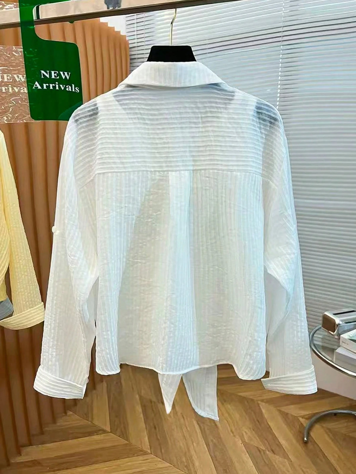 Resyla New Women's Casual Loose-Fitting Slimming Knotted Hem Textured Semi-Sheer Long-Sleeved Shirt