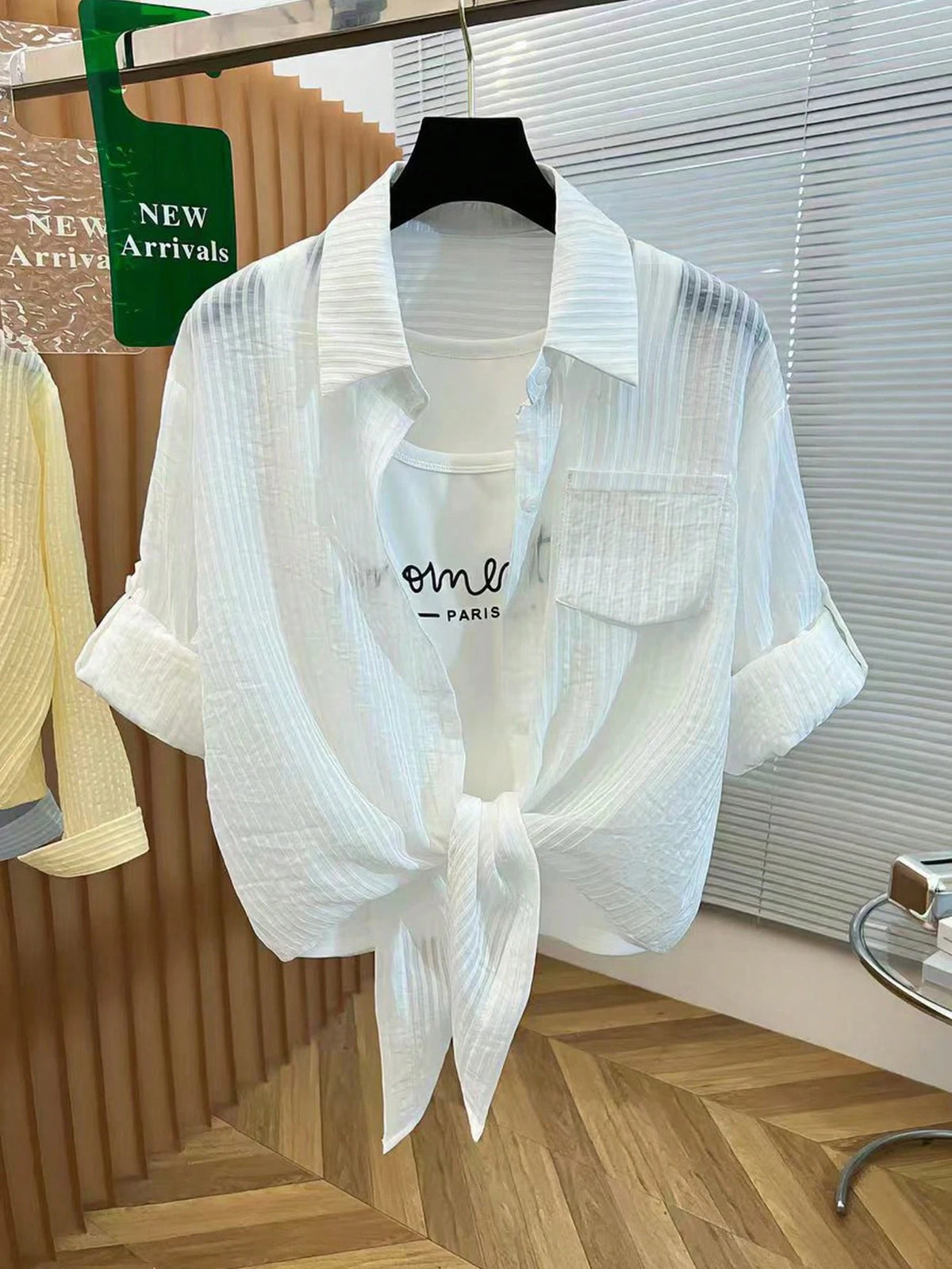 Resyla New Women's Casual Loose-Fitting Slimming Knotted Hem Textured Semi-Sheer Long-Sleeved Shirt