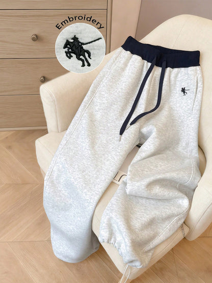 Resyla Women's Embroidered Contrast Color Drawstring Waist Casual Sweatpants