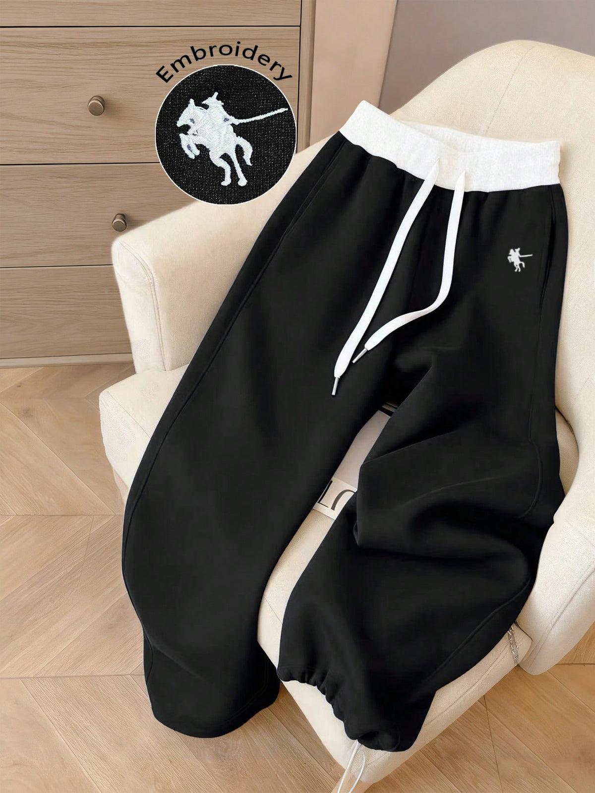 Resyla Women's Embroidered Contrast Color Drawstring Waist Casual Sweatpants