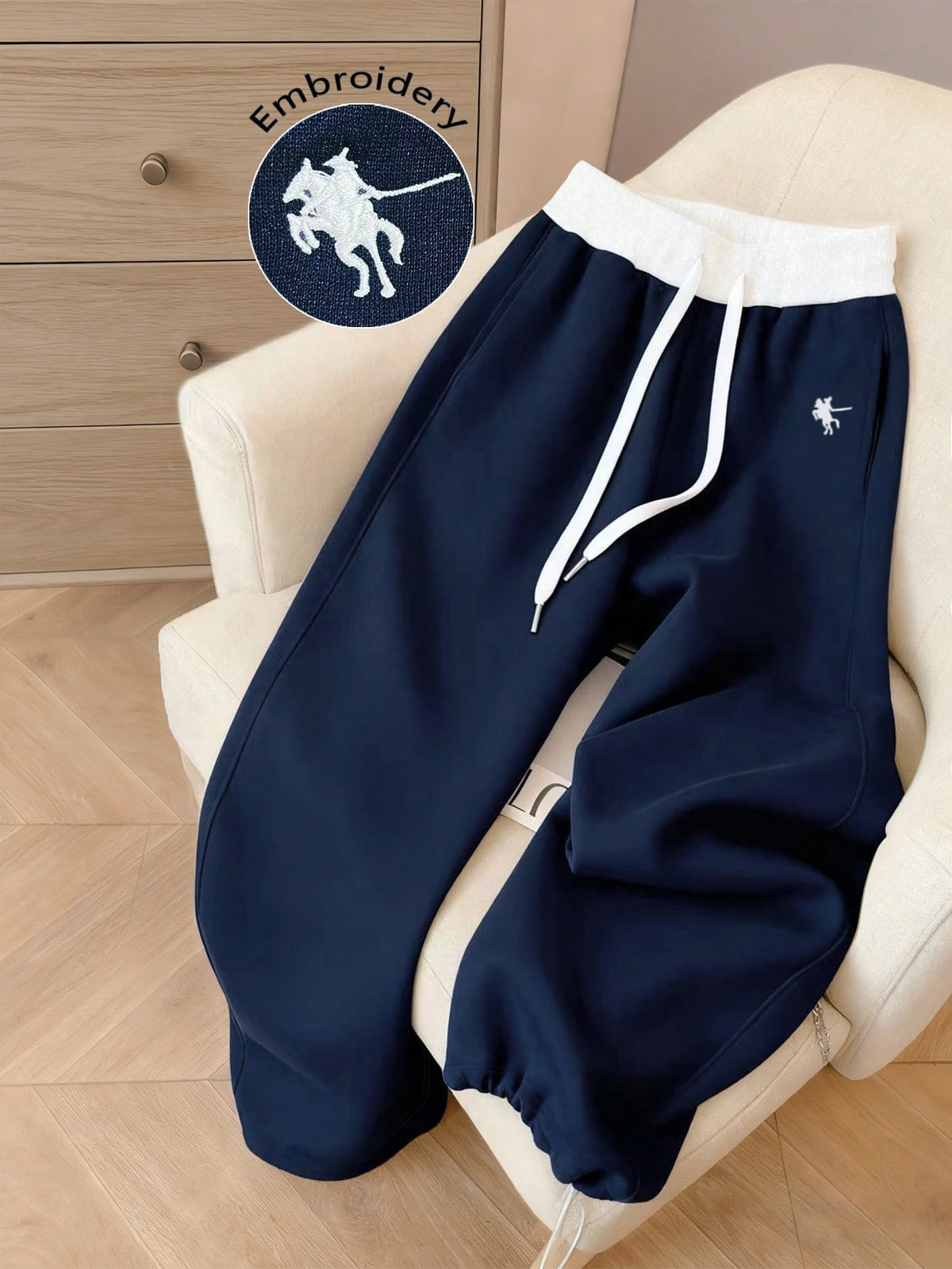 Resyla Women's Embroidered Contrast Color Drawstring Waist Casual Sweatpants