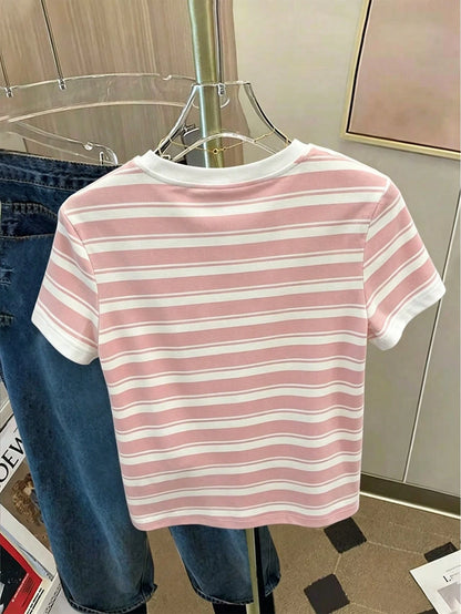 Resyla Women's Fashion Versatile Striped Digital Print Fitted Short Sleeve T-Shirt, All-Over Print T-Shirt, Striped T-Shirt, Undershirt, Casual Wear T-Shirt