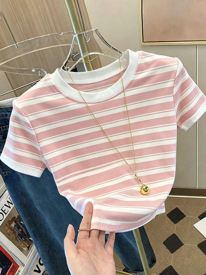 Resyla Women's Fashion Versatile Striped Digital Print Fitted Short Sleeve T-Shirt, All-Over Print T-Shirt, Striped T-Shirt, Undershirt, Casual Wear T-Shirt