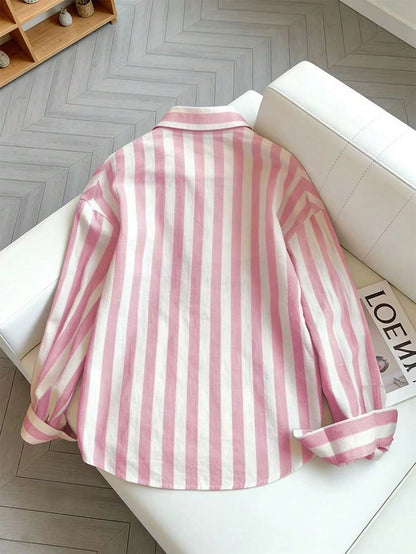 Resyla Women's Striped Lapel Single-Breasted Casual Commuter Long Sleeve Shirt