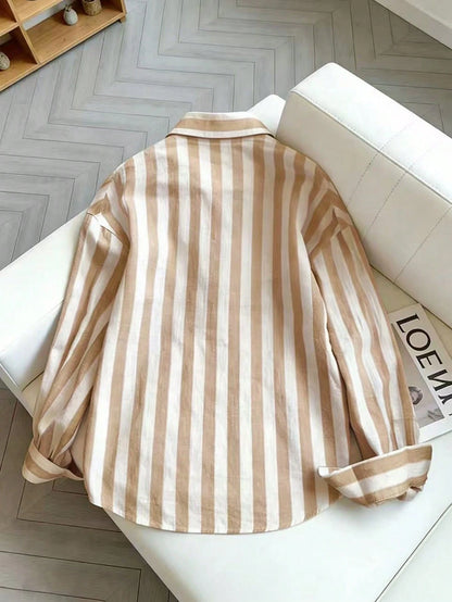 Resyla Women's Striped Lapel Single-Breasted Casual Commuter Long Sleeve Shirt