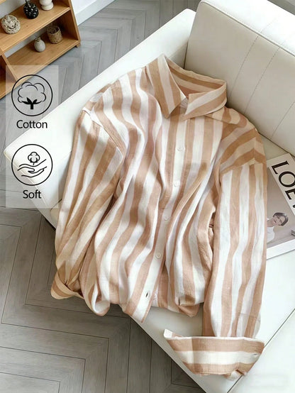 Resyla Women's Striped Lapel Single-Breasted Casual Commuter Long Sleeve Shirt