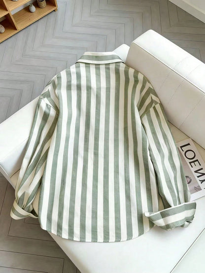 Resyla Women's Striped Lapel Single-Breasted Casual Commuter Long Sleeve Shirt