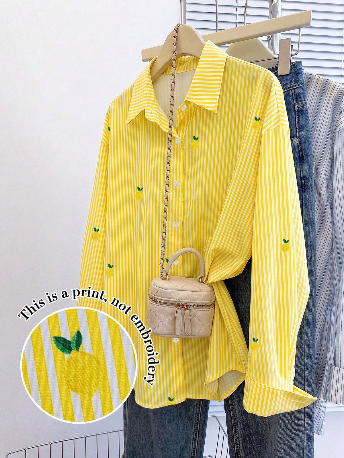 Resyla Women's Top White And Yellow Lemon Stripe Full Print Pattern,Cute Summer Casual Brunch Ins Style Shirt,Loose Long-Sleeved Blouses,Back To School Gift
