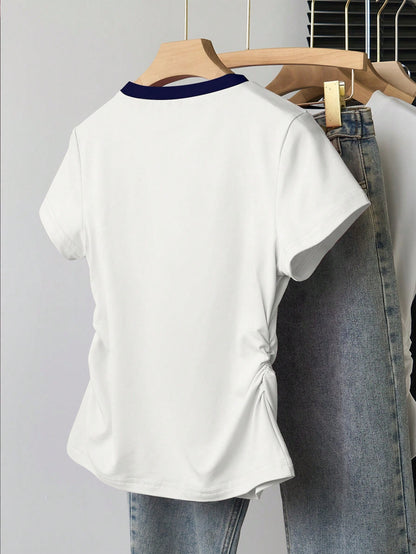 Resyla Women's White And Blue Floral Summer Casual Vacation T-Shirt,Sweet Elegant Outdoor Sports Wear,Fitted Waist Pleated Short Sleeve Tops