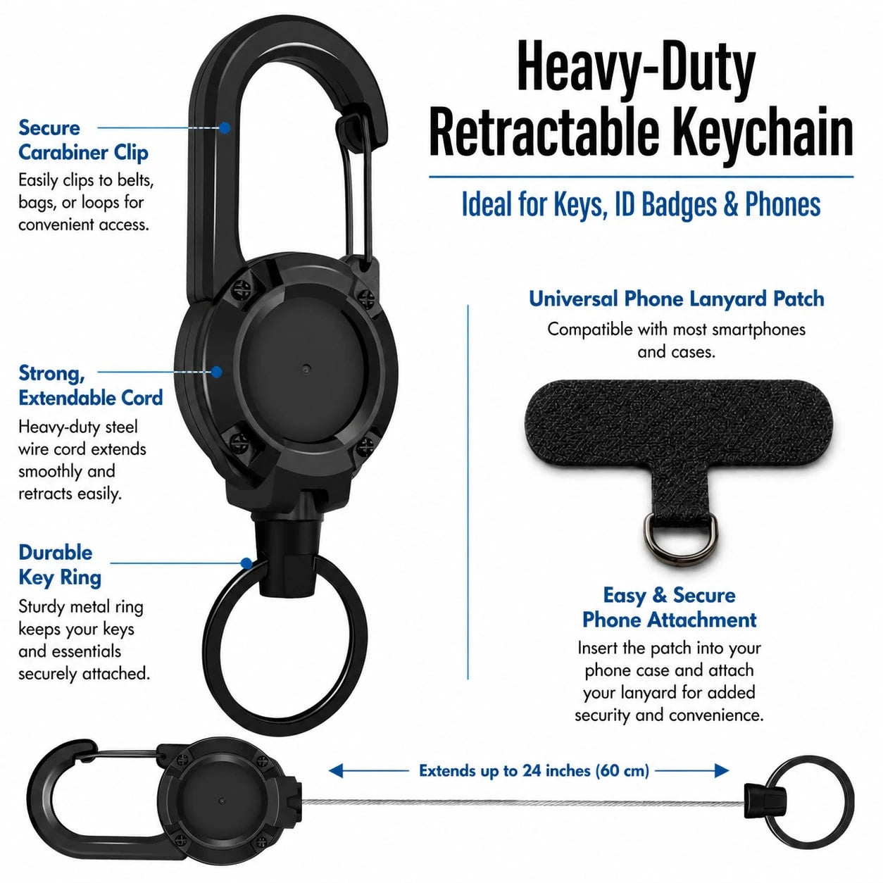Retractable Phone Lanyard With Heavy Duty Carabiner Clip, Adjustable Anti Lost Wrist Strap And Phone Tether For Smartphones Keys And Bags, Durable Rotating Phone Hanging Strap With Spacer Patch For Tr
