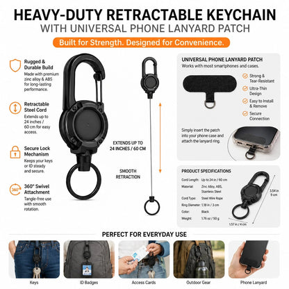 Retractable Phone Lanyard With Heavy Duty Carabiner Clip, Adjustable Anti Lost Wrist Strap And Phone Tether For Smartphones Keys And Bags, Durable Rotating Phone Hanging Strap With Spacer Patch For Tr