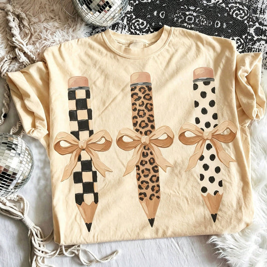 Retro Bow Pencil Graphic Print Short Sleeve T-Shirt Casual Summer Vacation Crew Neck Women Top