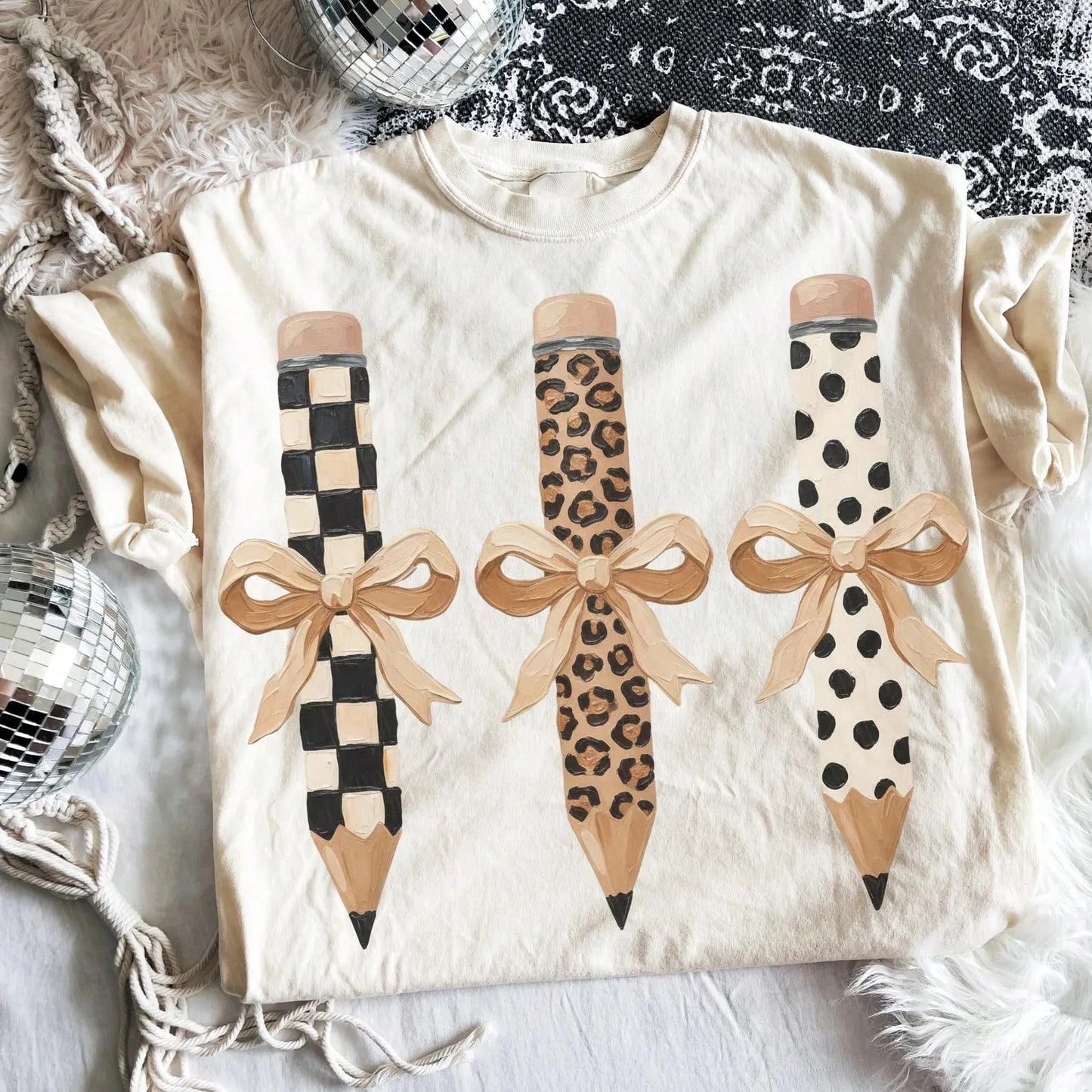 Retro Bow Pencil Graphic Print Short Sleeve T-Shirt Casual Summer Vacation Crew Neck Women Top
