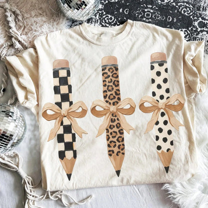 Retro Bow Pencil Graphic Print Short Sleeve T-Shirt Casual Summer Vacation Crew Neck Women Top