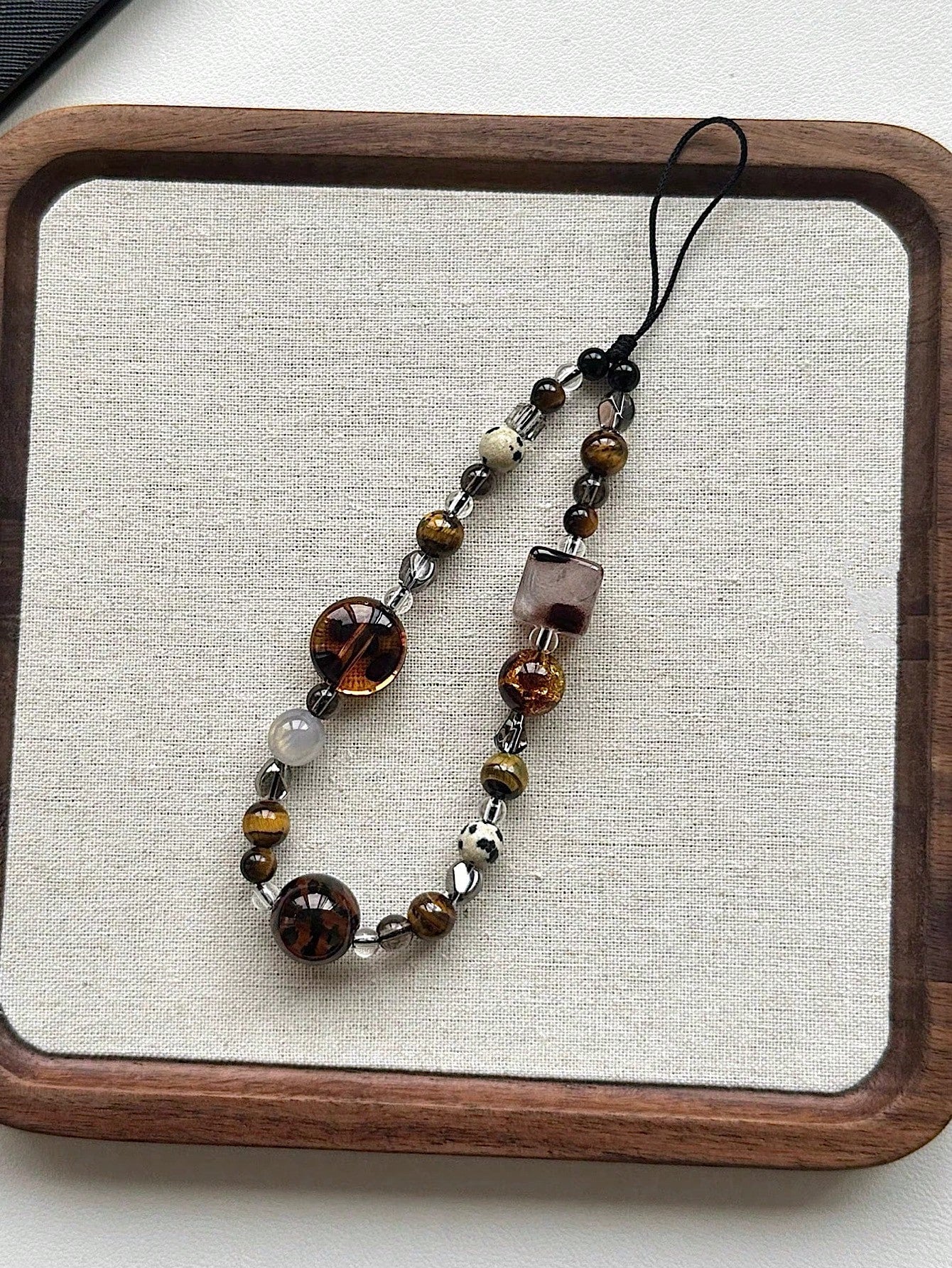 Retro Brown Leopard Print Cat Beaded Phone Lanyard, Elegant Short Wrist Strap Beaded Chain Camera Charm Pendant For Women
