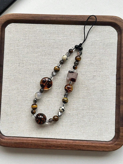 Retro Brown Leopard Print Cat Beaded Phone Lanyard, Elegant Short Wrist Strap Beaded Chain Camera Charm Pendant For Women