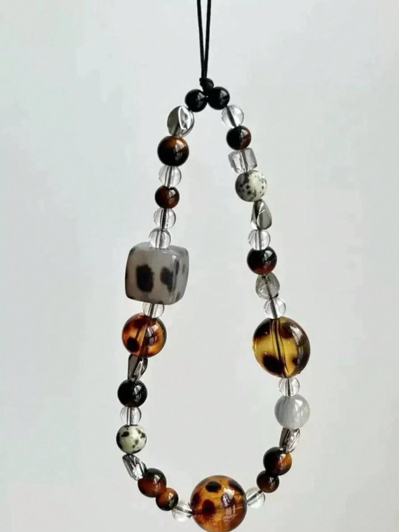 Retro Brown Leopard Print Cat Beaded Phone Lanyard, Elegant Short Wrist Strap Beaded Chain Camera Charm Pendant For Women