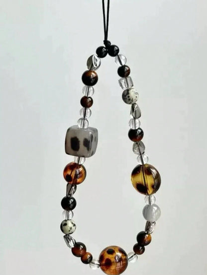 Retro Brown Leopard Print Cat Beaded Phone Lanyard, Elegant Short Wrist Strap Beaded Chain Camera Charm Pendant For Women