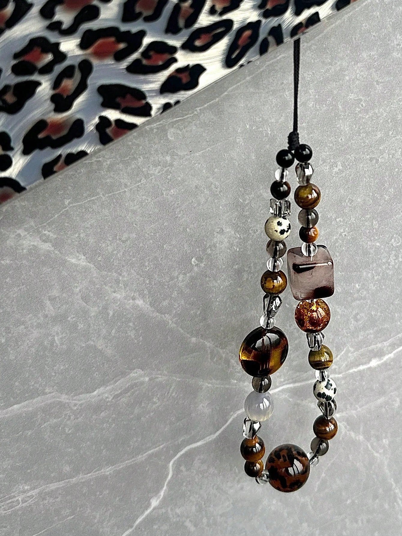 Retro Brown Leopard Print Cat Beaded Phone Lanyard, Elegant Short Wrist Strap Beaded Chain Camera Charm Pendant For Women