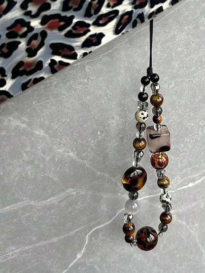 Retro Brown Leopard Print Cat Beaded Phone Lanyard, Elegant Short Wrist Strap Beaded Chain Camera Charm Pendant For Women