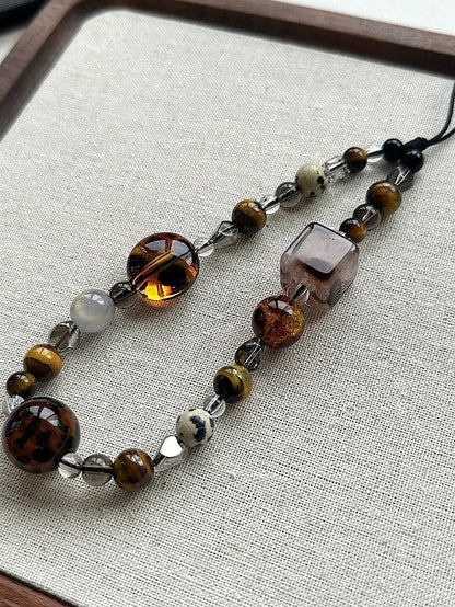 Retro Brown Leopard Print Cat Beaded Phone Lanyard, Elegant Short Wrist Strap Beaded Chain Camera Charm Pendant For Women