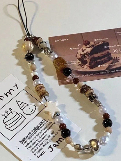 Retro Brown Leopard Print Cat Beaded Phone Lanyard, Elegant Short Wrist Strap Beaded Chain Camera Charm Pendant For Women