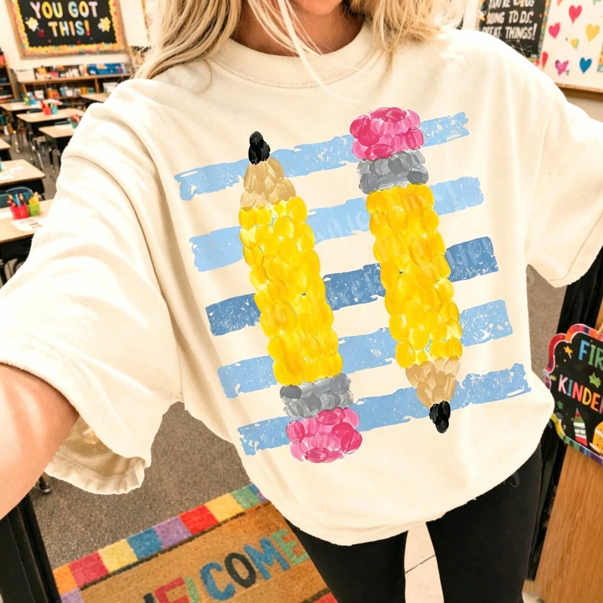 Retro Pencil Graphic Teacher Shirt Cute Alphabet Print Classroom Top Casual Breathable Cotton Tee For Educators Back To School