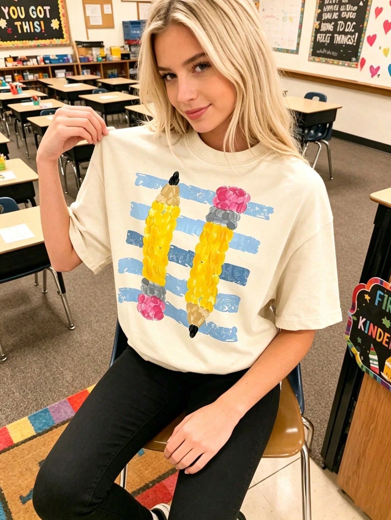 Retro Pencil Graphic Teacher Shirt Cute Alphabet Print Classroom Top Casual Breathable Cotton Tee For Educators Back To School