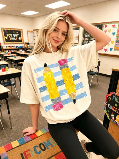 Retro Pencil Graphic Teacher Shirt Cute Alphabet Print Classroom Top Casual Breathable Cotton Tee For Educators Back To School