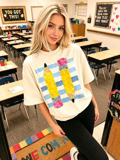 Retro Pencil Graphic Teacher Shirt Cute Alphabet Print Classroom Top Casual Breathable Cotton Tee For Educators Back To School