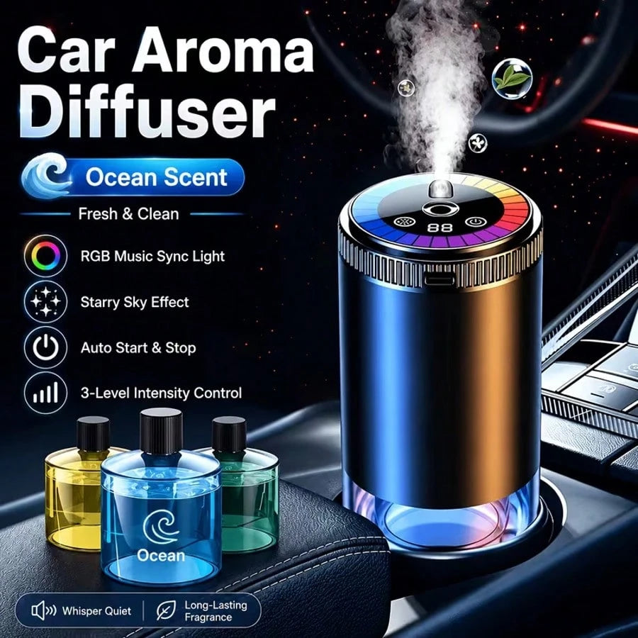 RGB Music-Synced Car Diffuser And Humidifier, Air Freshener With Adjustable Scent Intensity, Removes Odors Inside The Car, USB Rechargeable, Fits Any Car Model, Perfect Gift For Car Enthusiasts