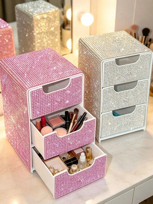 Rhinestone 3-Layer Small Drawer High-End Desktop Storage Box, Jewelry & Cosmetics Organizer, Mini Desktop Drawer Storage Box, Desktop Organizer, Room Decor, Plastic Multi-Layer Jewelry & Cosmetics Sto