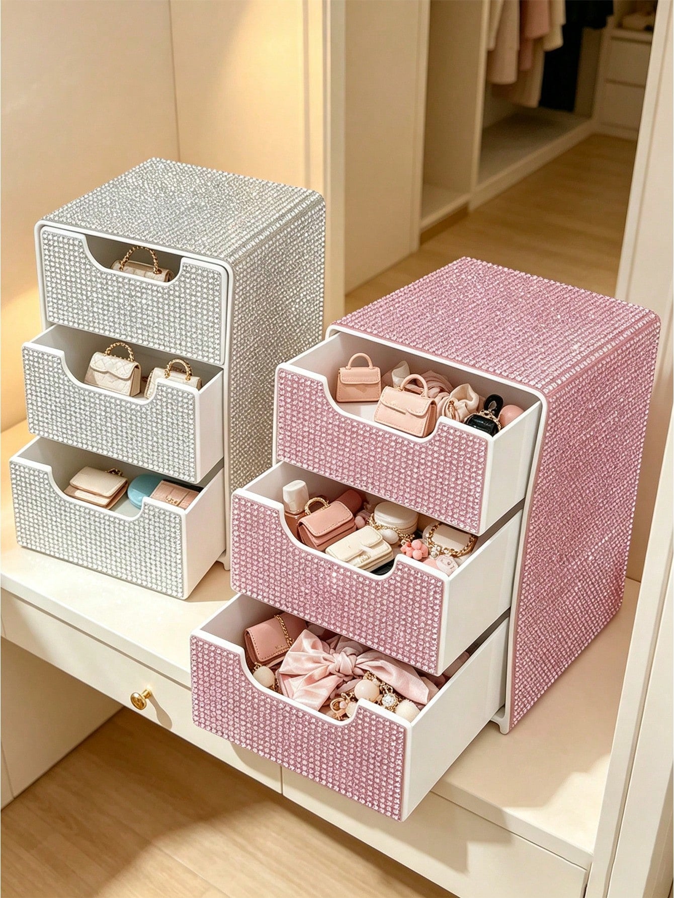 Rhinestone 3-Layer Small Drawer High-End Desktop Storage Box, Jewelry & Cosmetics Organizer, Mini Desktop Drawer Storage Box, Desktop Organizer, Room Decor, Plastic Multi-Layer Jewelry & Cosmetics Sto