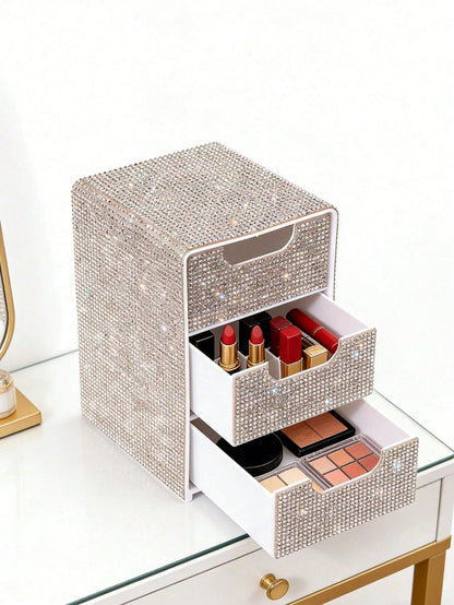 Rhinestone 3-Layer Small Drawer High-End Desktop Storage Box, Jewelry & Cosmetics Organizer, Mini Desktop Drawer Storage Box, Desktop Organizer, Room Decor, Plastic Multi-Layer Jewelry & Cosmetics Sto