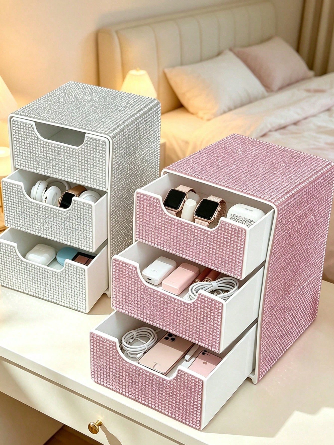 Rhinestone 3-Layer Small Drawer High-End Desktop Storage Box, Jewelry & Cosmetics Organizer, Mini Desktop Drawer Storage Box, Desktop Organizer, Room Decor, Plastic Multi-Layer Jewelry & Cosmetics Sto