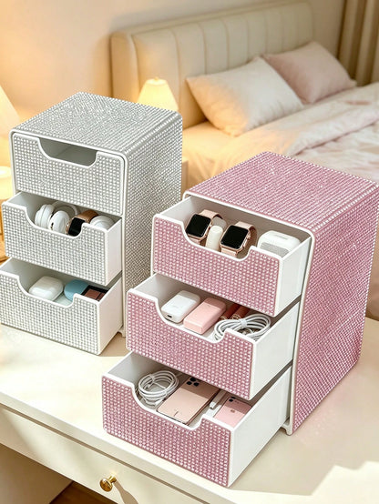 Rhinestone 3-Layer Small Drawer High-End Desktop Storage Box, Jewelry & Cosmetics Organizer, Mini Desktop Drawer Storage Box, Desktop Organizer, Room Decor, Plastic Multi-Layer Jewelry & Cosmetics Sto