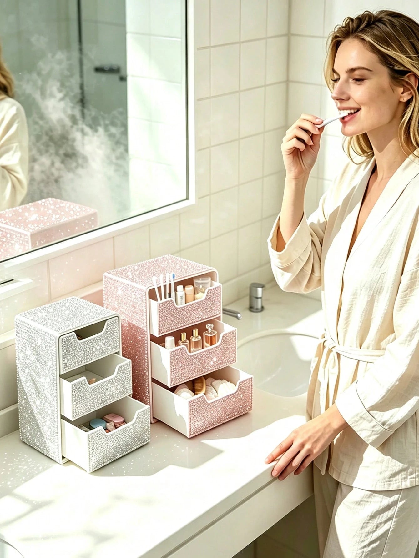 Rhinestone 3-Layer Small Drawer High-End Desktop Storage Box, Jewelry & Cosmetics Organizer, Mini Desktop Drawer Storage Box, Desktop Organizer, Room Decor, Plastic Multi-Layer Jewelry & Cosmetics Sto