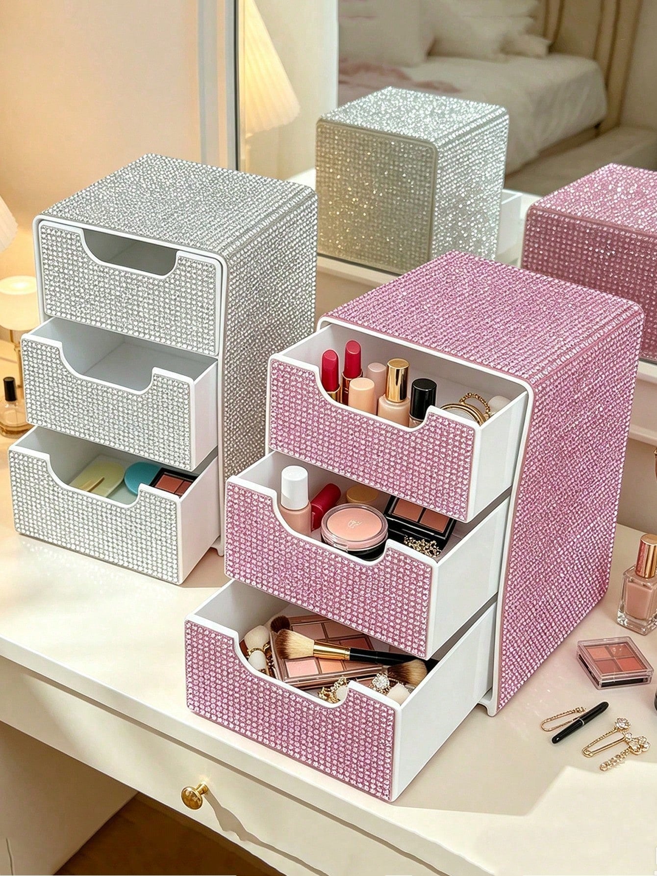 Rhinestone 3-Layer Small Drawer High-End Desktop Storage Box, Jewelry & Cosmetics Organizer, Mini Desktop Drawer Storage Box, Desktop Organizer, Room Decor, Plastic Multi-Layer Jewelry & Cosmetics Sto