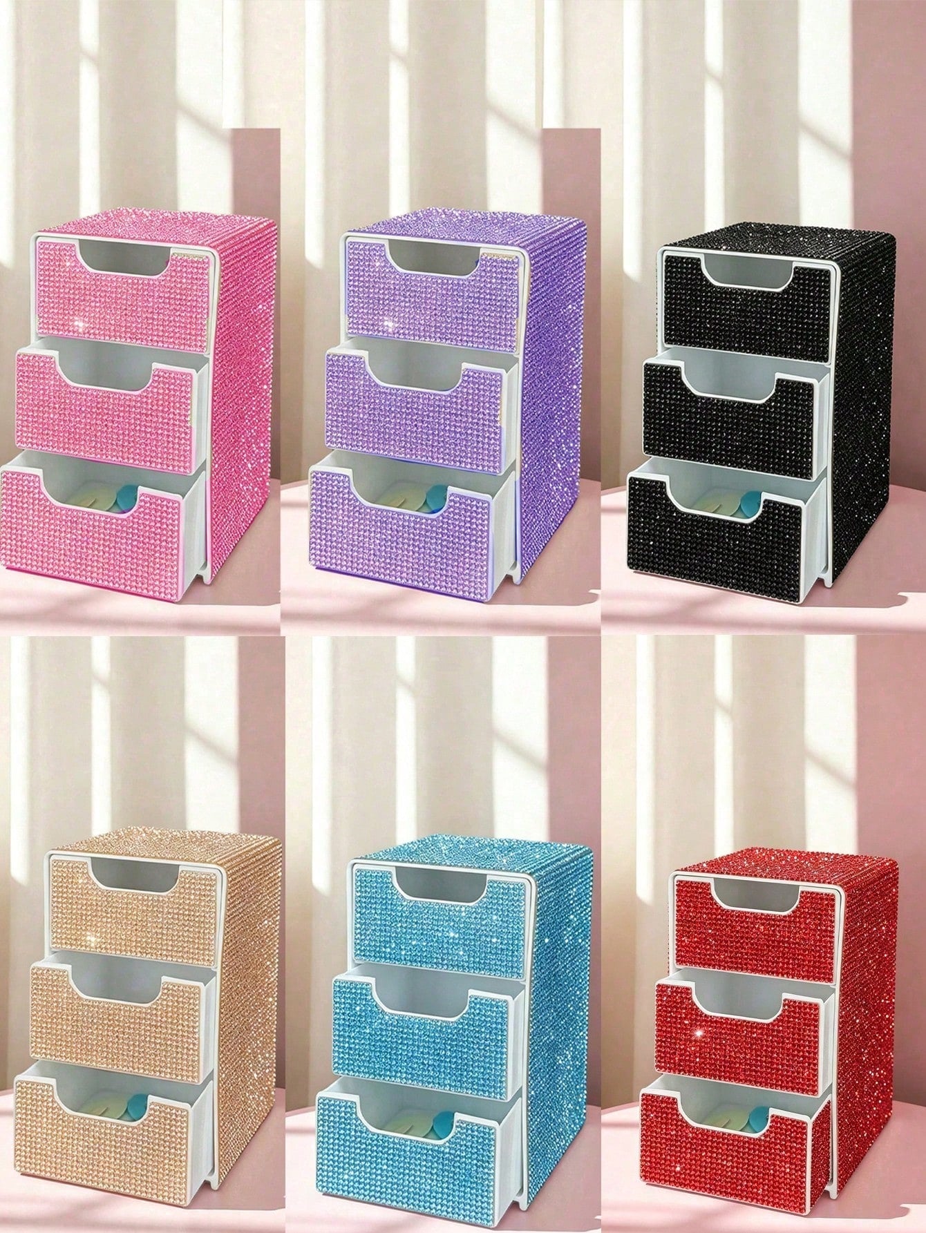 Rhinestone 3-Layer Small Drawer High-End Desktop Storage Box, Jewelry & Cosmetics Organizer, Mini Desktop Drawer Storage Box, Desktop Organizer, Room Decor, Plastic Multi-Layer Jewelry & Cosmetics Sto