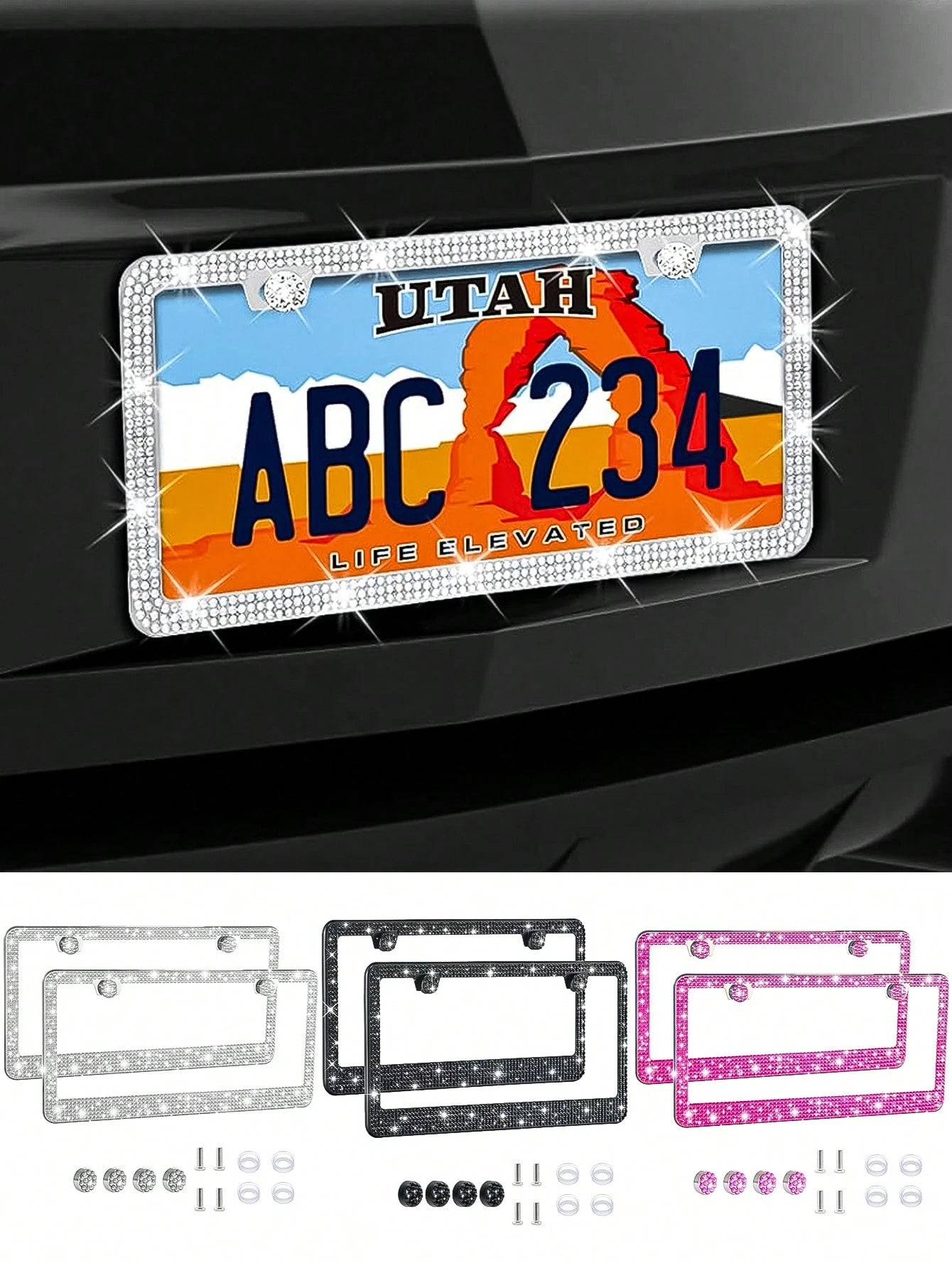 Rhinestone Bling License Plate Frames Rhinestone Sparkle Universal Car Plate Frame Glitter Diamond Crystals,Rhinestone Handcrafted Crystal Premium Stainless Steel, Slim License Plate For Women & Men