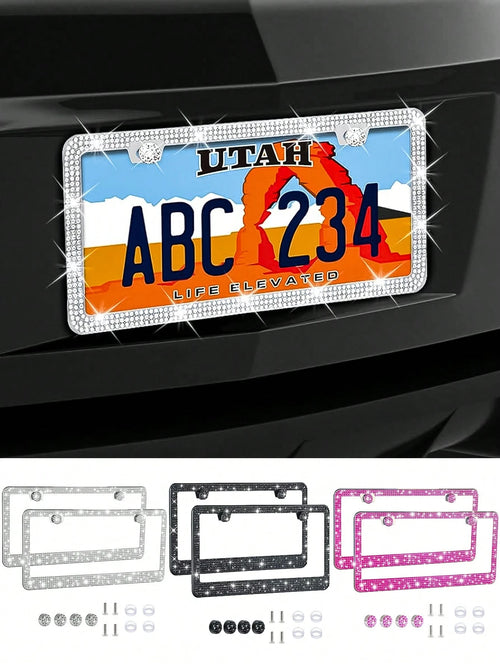 Rhinestone Bling License Plate Frames Rhinestone Sparkle Universal Car Plate Frame Glitter Diamond Crystals,Rhinestone Handcrafted Crystal Premium Stainless Steel, Slim License Plate For Women & Men
