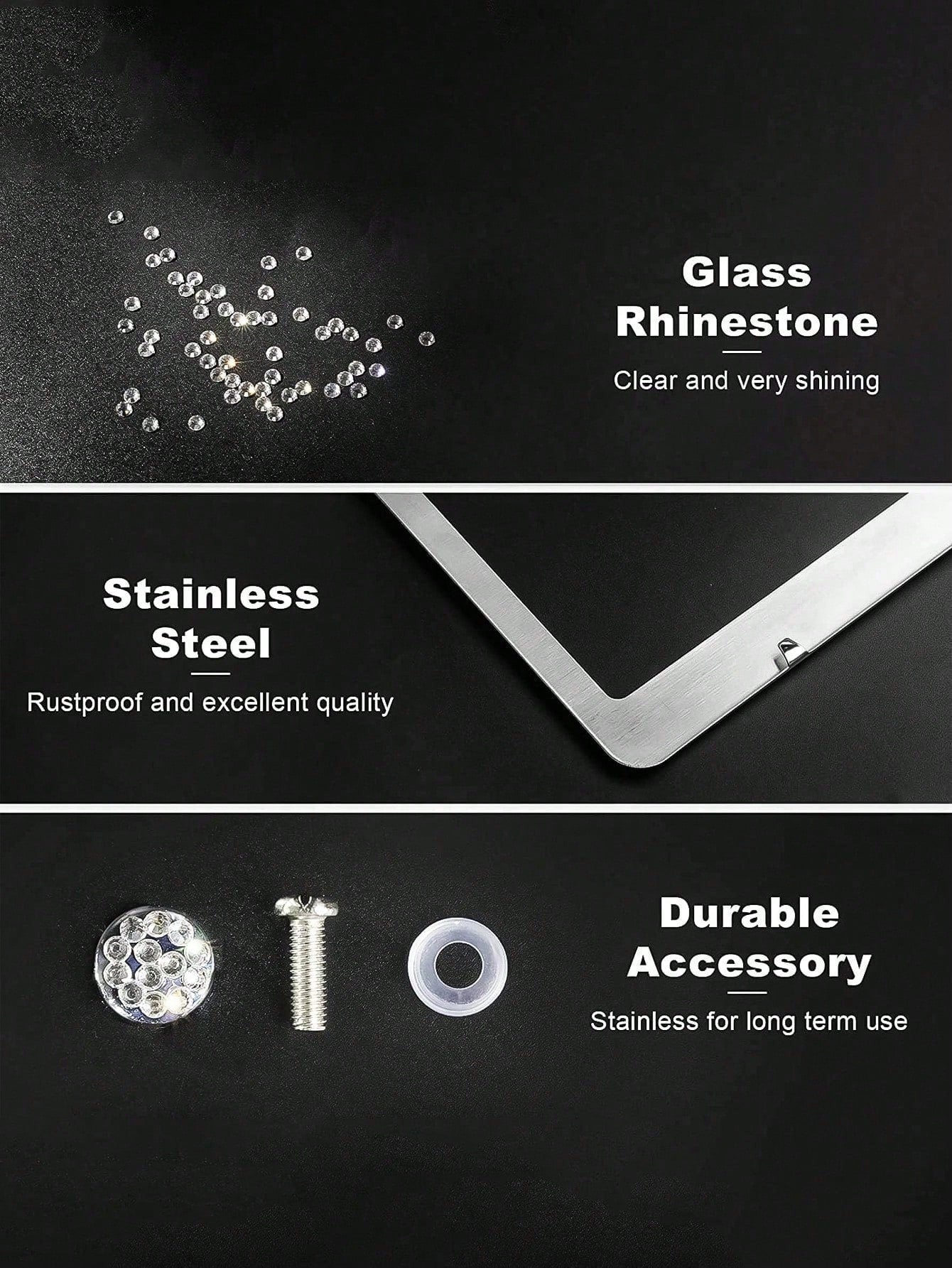 Rhinestone Bling License Plate Frames Rhinestone Sparkle Universal Car Plate Frame Glitter Diamond Crystals,Rhinestone Handcrafted Crystal Premium Stainless Steel, Slim License Plate For Women & Men