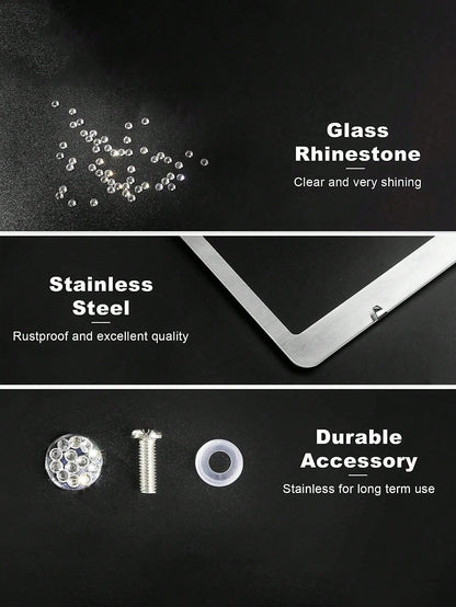 Rhinestone Bling License Plate Frames Rhinestone Sparkle Universal Car Plate Frame Glitter Diamond Crystals,Rhinestone Handcrafted Crystal Premium Stainless Steel, Slim License Plate For Women & Men