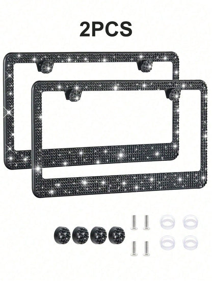 Rhinestone Bling License Plate Frames Rhinestone Sparkle Universal Car Plate Frame Glitter Diamond Crystals,Rhinestone Handcrafted Crystal Premium Stainless Steel, Slim License Plate For Women & Men