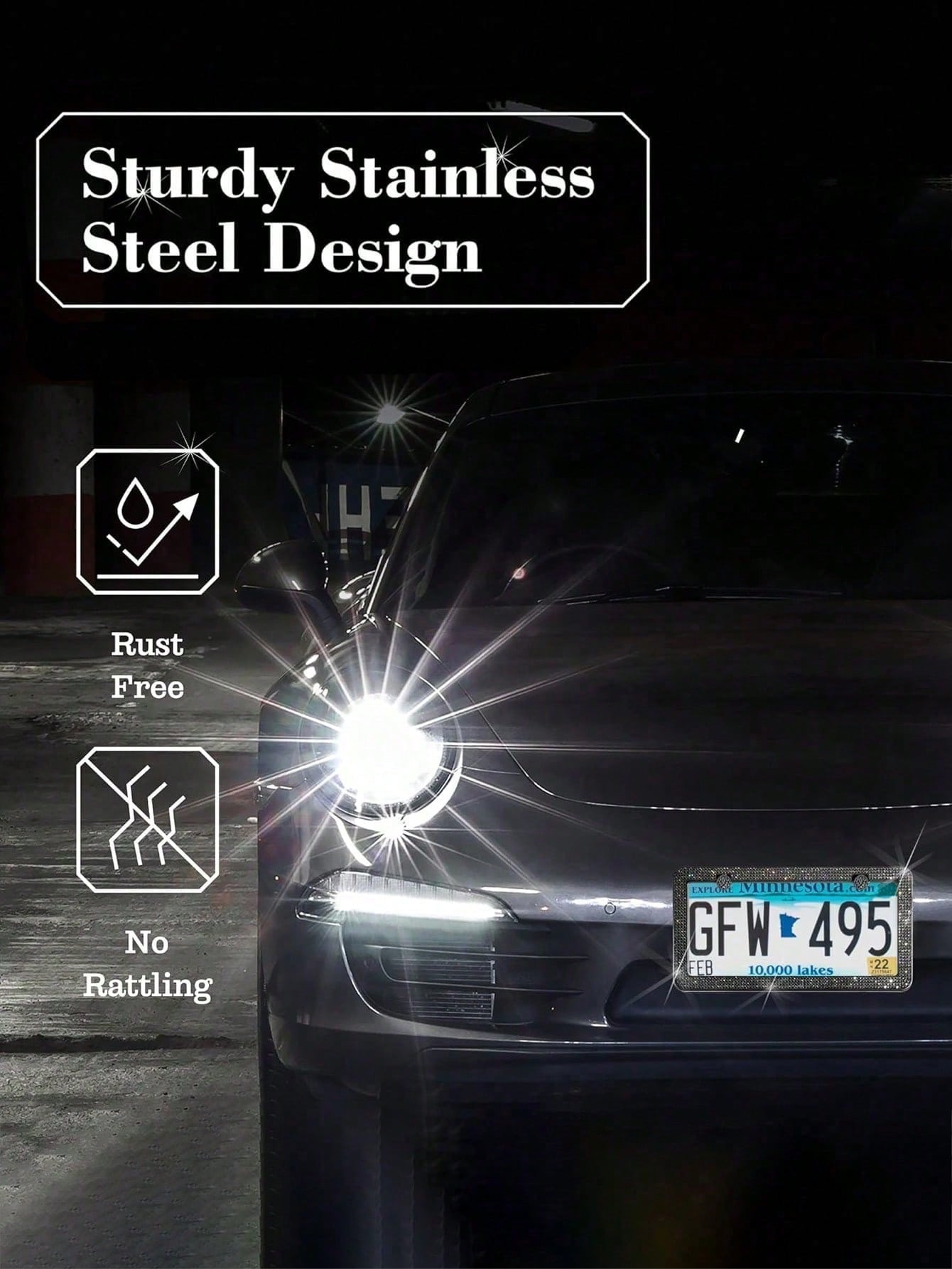 Rhinestone Bling License Plate Frames Rhinestone Sparkle Universal Car Plate Frame Glitter Diamond Crystals,Rhinestone Handcrafted Crystal Premium Stainless Steel, Slim License Plate For Women & Men