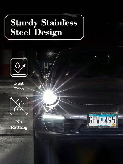 Rhinestone Bling License Plate Frames Rhinestone Sparkle Universal Car Plate Frame Glitter Diamond Crystals,Rhinestone Handcrafted Crystal Premium Stainless Steel, Slim License Plate For Women & Men