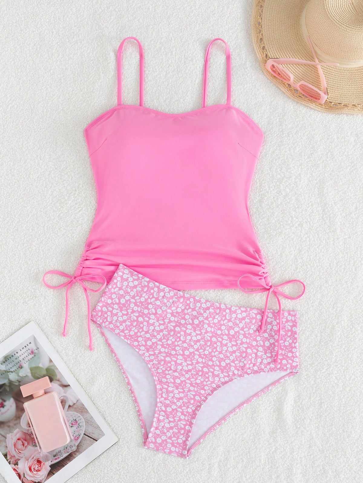 Ribbed Tankini Swimwear Set- Printed Swim Shorts- High Elasticity, Opaque, Machine Washable- Women's Pink Vacation Beach, Modest Summer